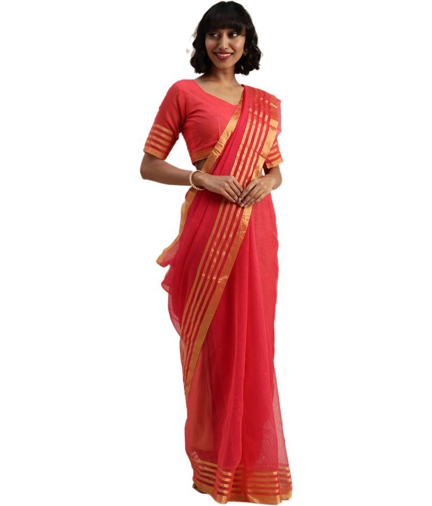     			Saadhvi Cotton Silk Self Design Saree Without Blouse Piece - Pink ( Pack of 1 )