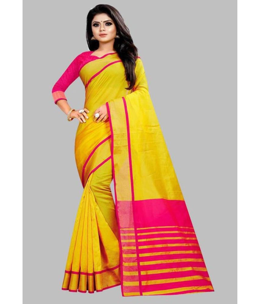    			Saadhvi Cotton Silk Woven Saree Without Blouse Piece - Yellow ( Pack of 1 )