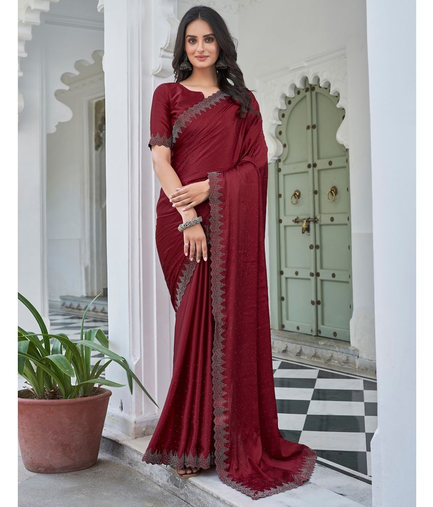     			Samah Satin Embellished Saree With Blouse Piece - Maroon ( Pack of 1 )