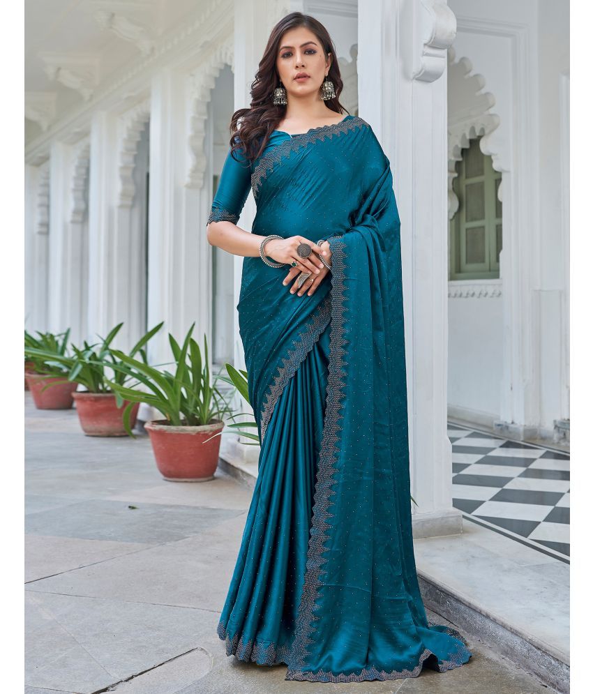     			Samah Satin Embellished Saree With Blouse Piece - Teal ( Pack of 1 )