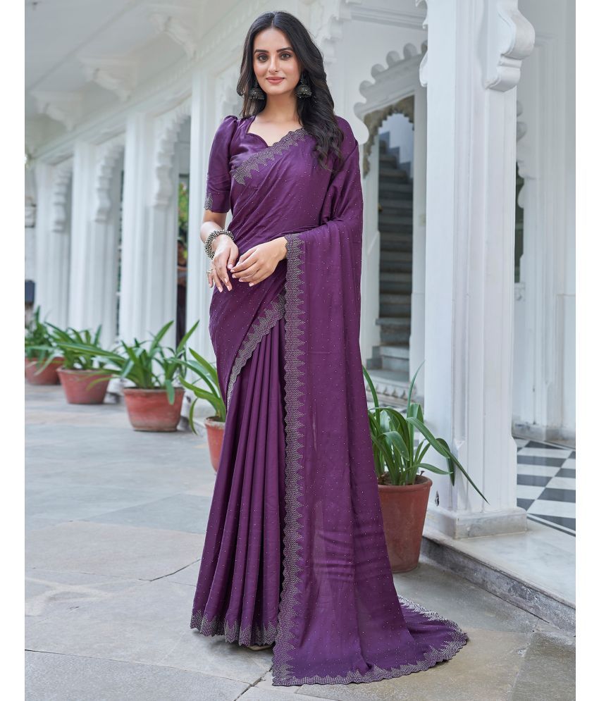     			Samah Satin Embellished Saree With Blouse Piece - Purple ( Pack of 1 )