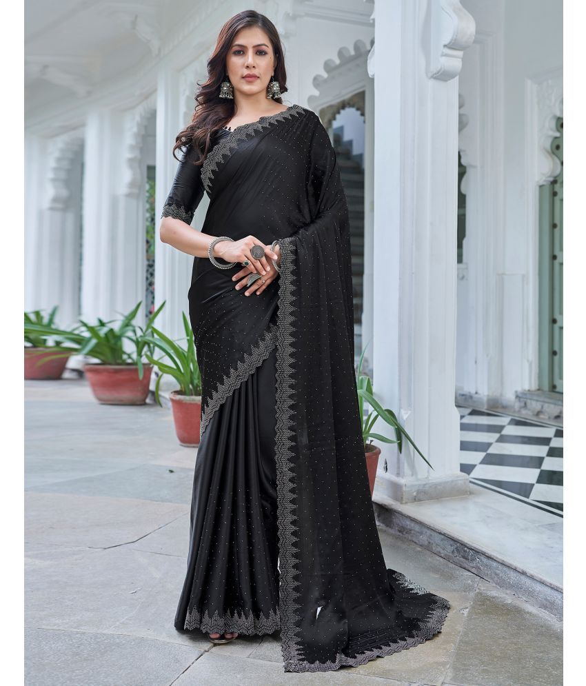     			Samah Satin Embellished Saree With Blouse Piece - Black ( Pack of 1 )