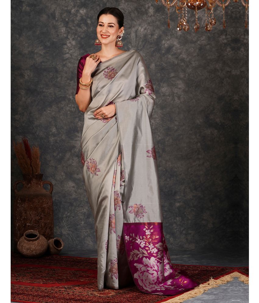     			Samah Silk Self Design Saree With Blouse Piece - Grey ( Pack of 1 )