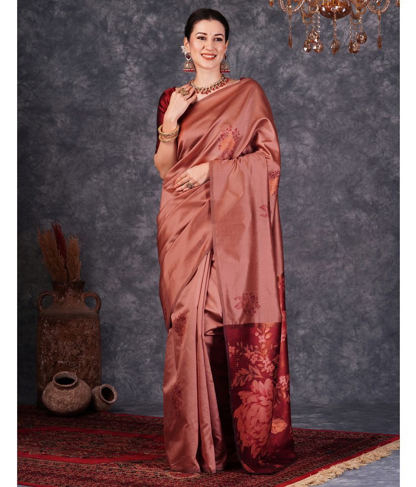     			Samah Silk Self Design Saree With Blouse Piece - Brown ( Pack of 1 )