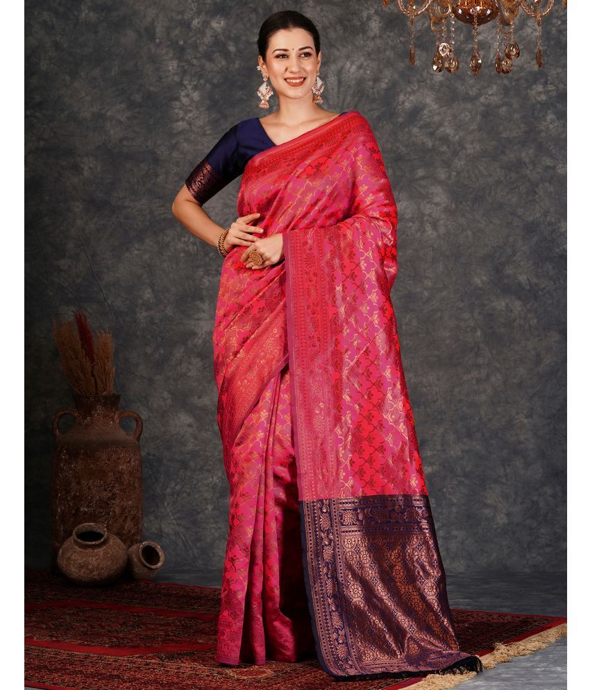     			Samah Silk Woven Saree With Blouse Piece - Pink ( Pack of 1 )