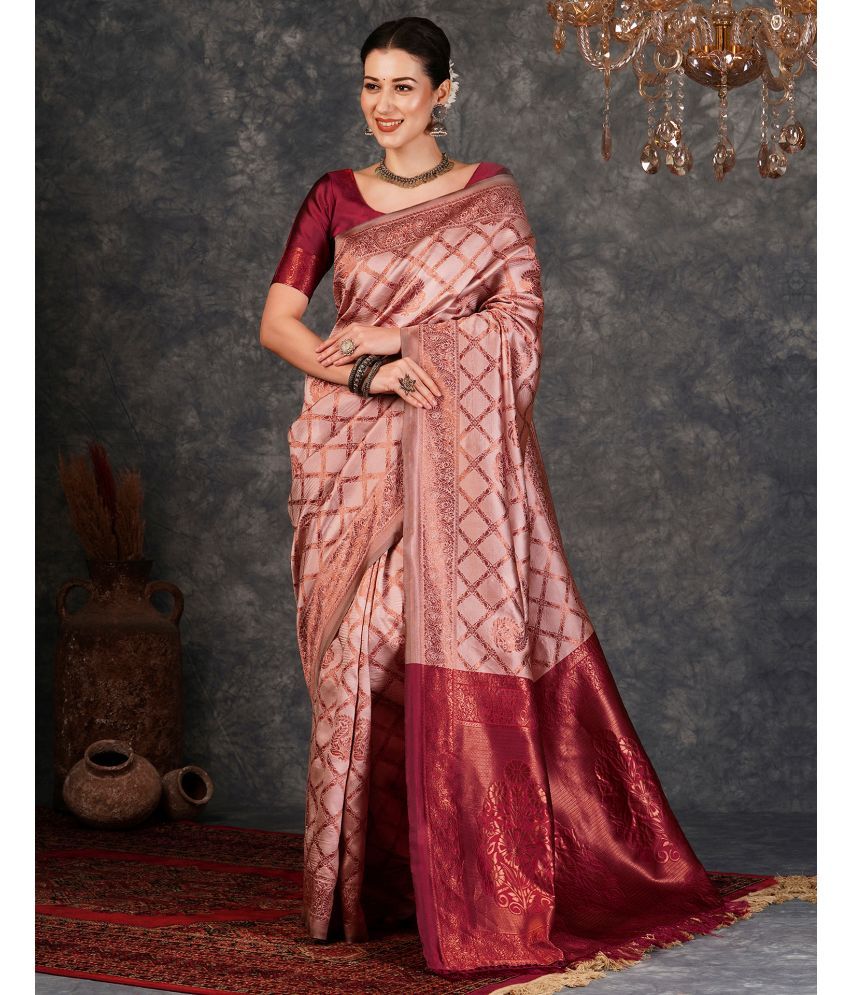     			Samah Silk Woven Saree With Blouse Piece - Pink ( Pack of 1 )