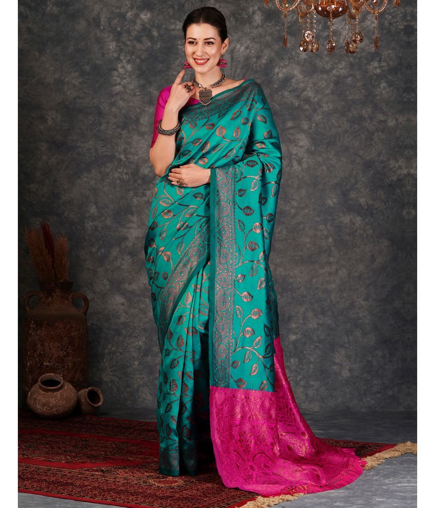     			Samah Silk Woven Saree With Blouse Piece - Teal ( Pack of 1 )