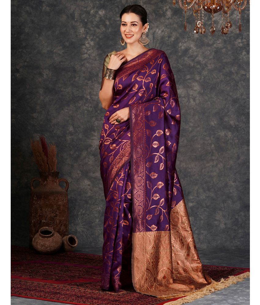     			Samah Silk Woven Saree With Blouse Piece - Purple ( Pack of 1 )