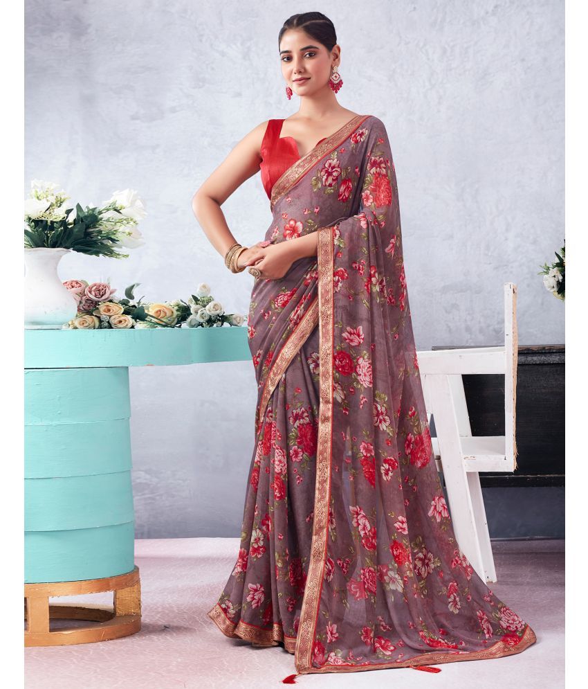     			Satrani Chiffon Printed Saree With Blouse Piece - Mauve ( Pack of 1 )