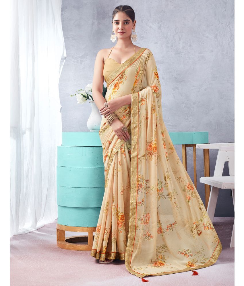     			Satrani Chiffon Printed Saree With Blouse Piece - Beige ( Pack of 1 )