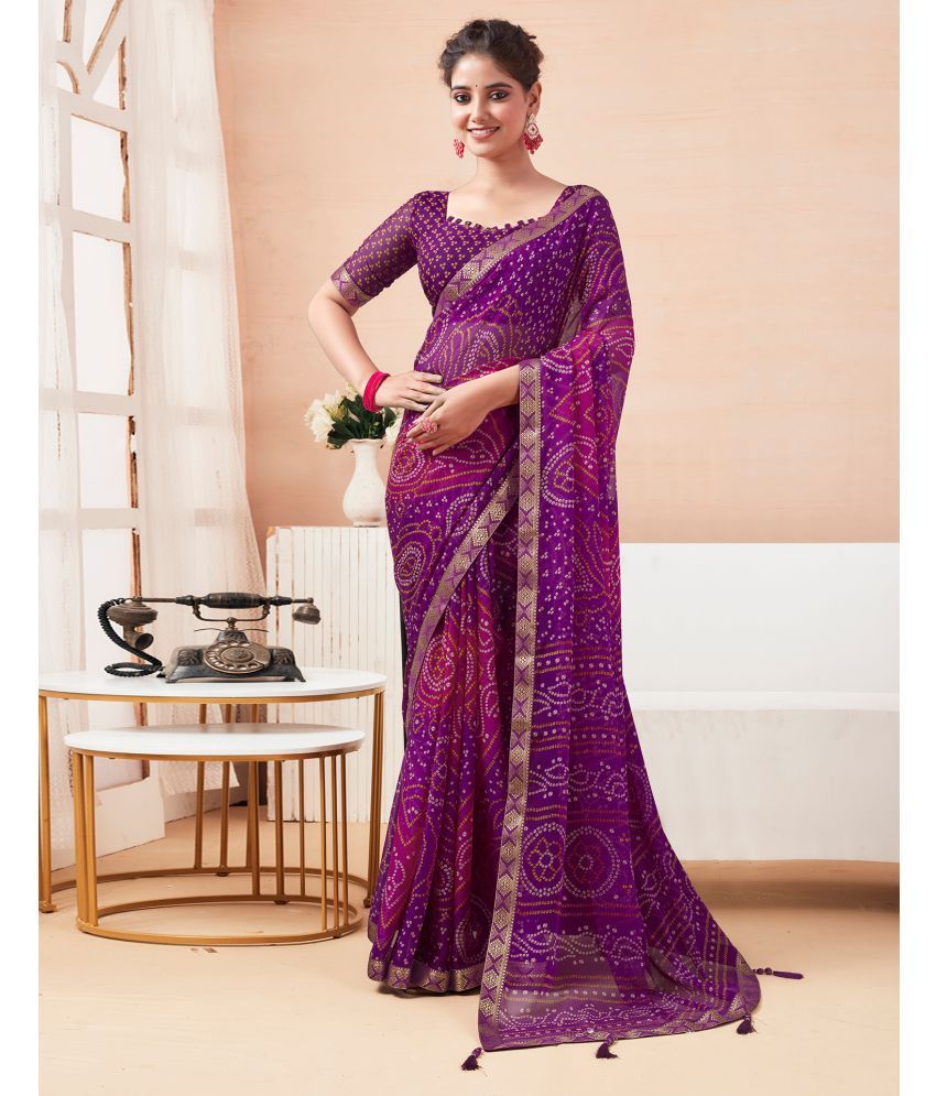     			Satrani Chiffon Printed Saree With Blouse Piece - Purple ( Pack of 1 )