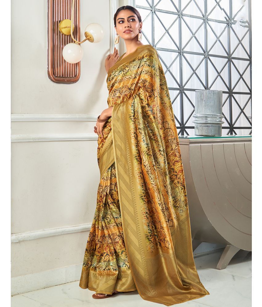     			Satrani Silk Blend Printed Saree With Blouse Piece - Mustard ( Pack of 1 )