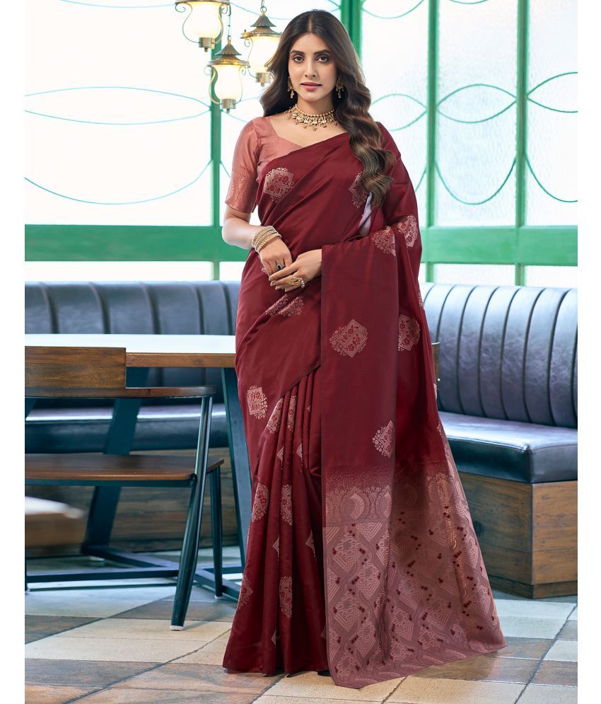     			Satrani Silk Blend Self Design Saree With Blouse Piece - Maroon ( Pack of 1 )