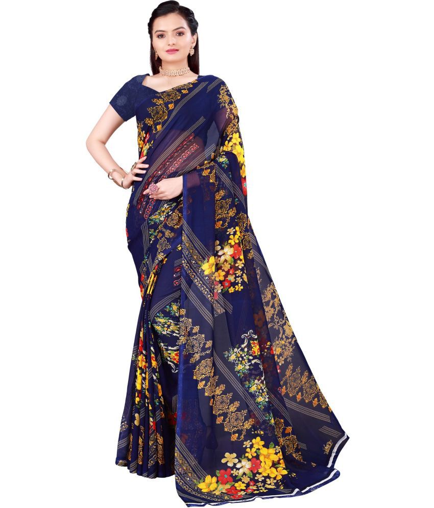     			Vkaran Cotton Silk Applique Saree Without Blouse Piece - Navy Blue ( Pack of 3 )