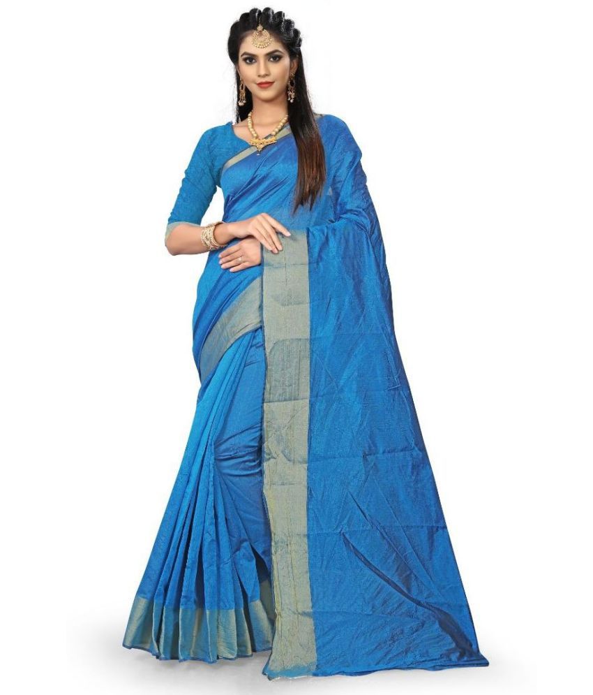     			Vkaran Cotton Silk Solid Saree With Blouse Piece - Blue ( Pack of 1 )