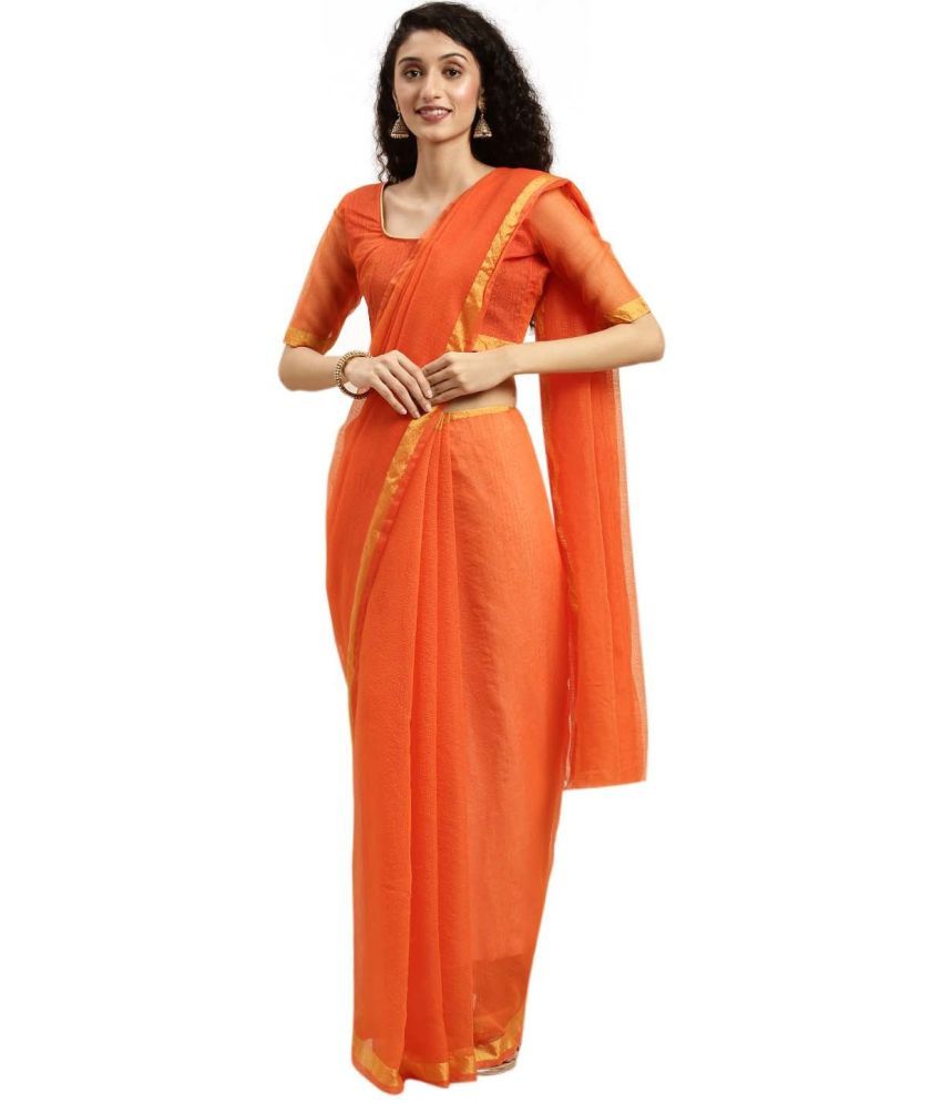     			Vkaran Net Cut Outs Saree With Blouse Piece - Orange ( Pack of 1 )