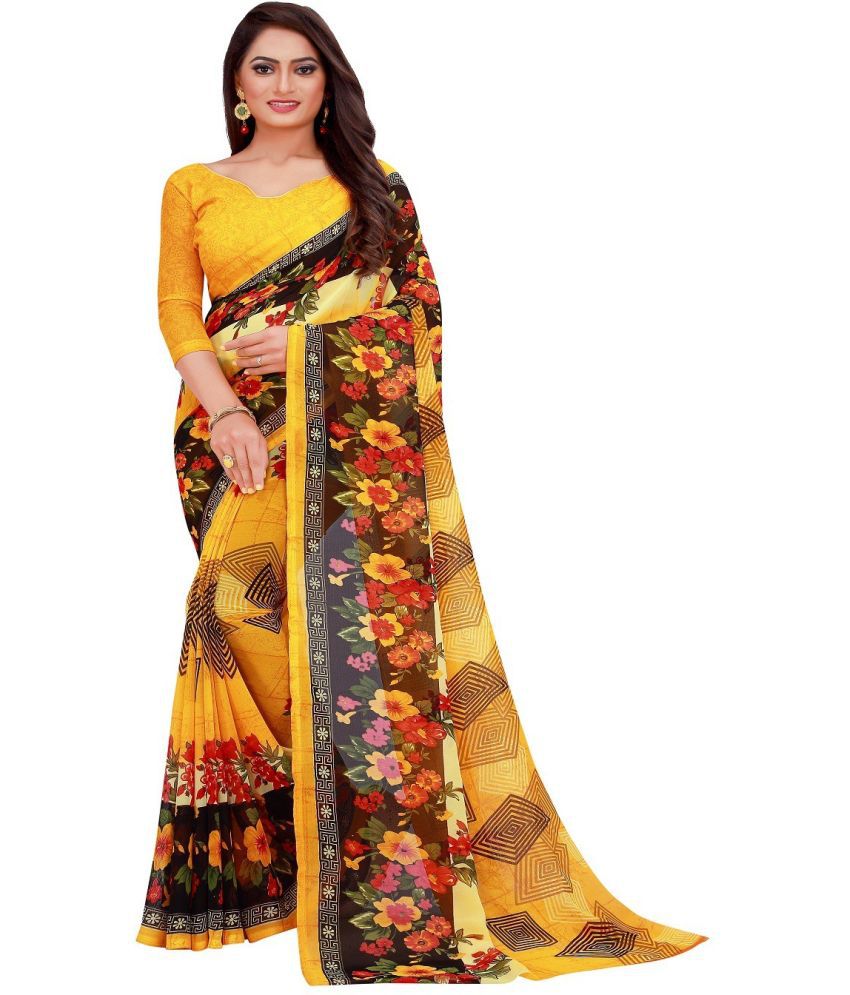     			Vkaran Net Cut Outs Saree With Blouse Piece - Yellow ( Pack of 1 )