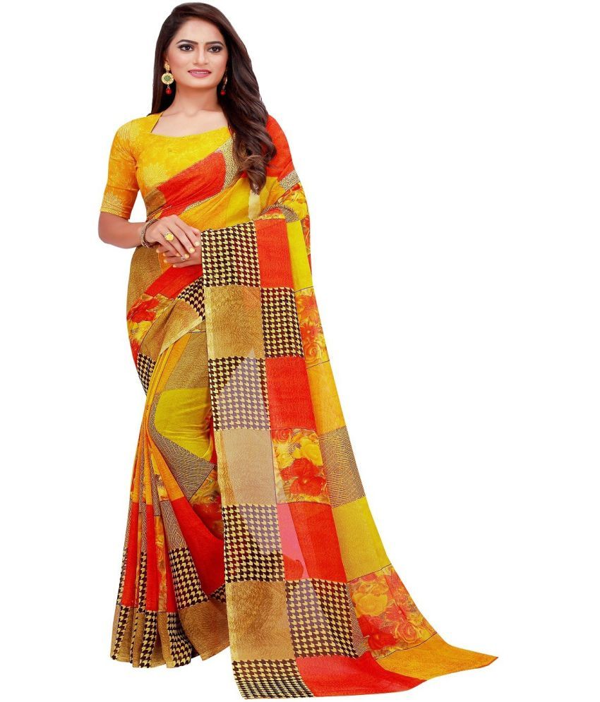     			Vkaran Net Cut Outs Saree With Blouse Piece - Orange ( Pack of 1 )