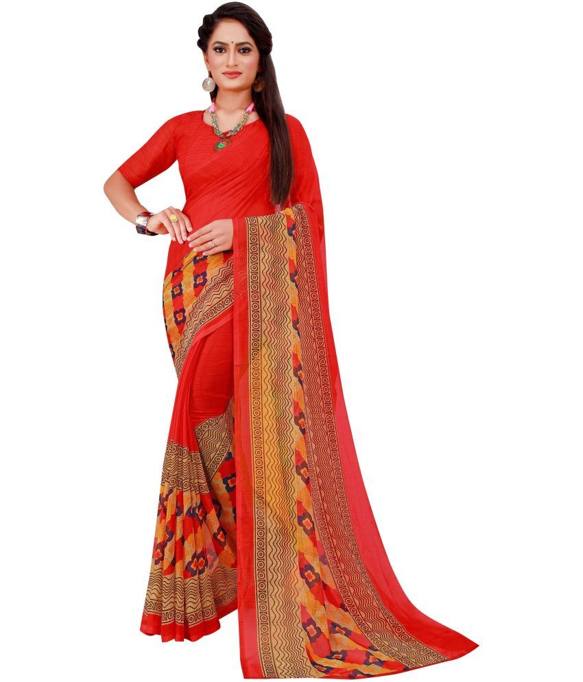     			Vkaran Net Cut Outs Saree With Blouse Piece - Red ( Pack of 1 )