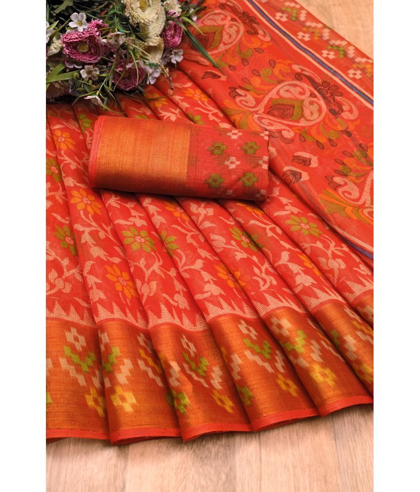     			Vkaran Net Cut Outs Saree With Blouse Piece - Orange ( Pack of 1 )