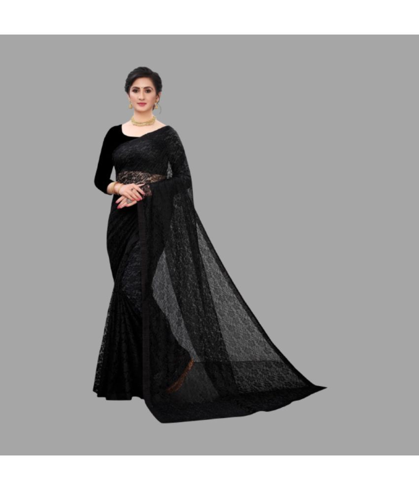     			Vkaran Net Cut Outs Saree With Blouse Piece - Black ( Pack of 1 )