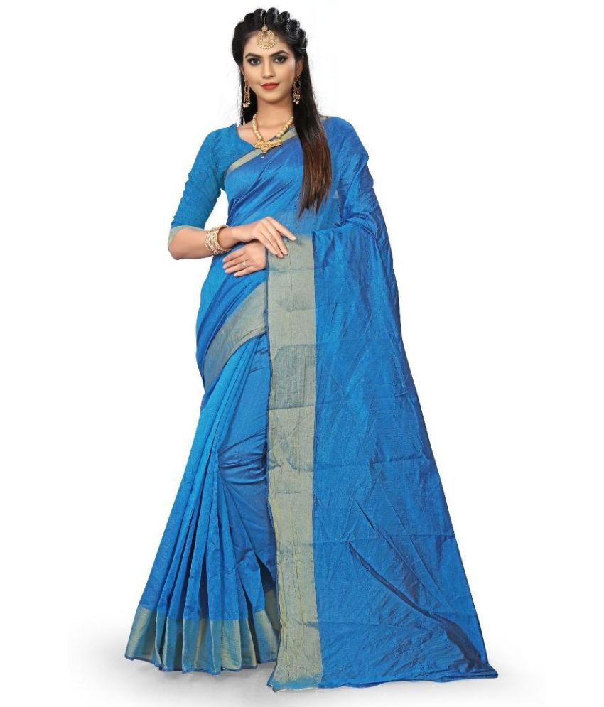     			Vkaran Net Cut Outs Saree With Blouse Piece - Blue ( Pack of 1 )