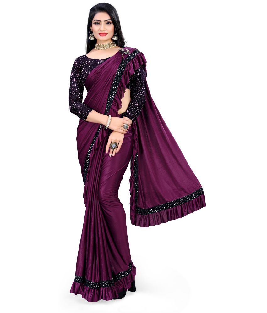     			Vkaran Net Cut Outs Saree With Blouse Piece - Purple ( Pack of 1 )