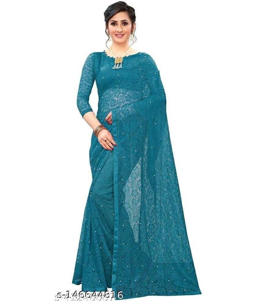     			Vkaran Net Cut Outs Saree With Blouse Piece - Blue ( Pack of 1 )