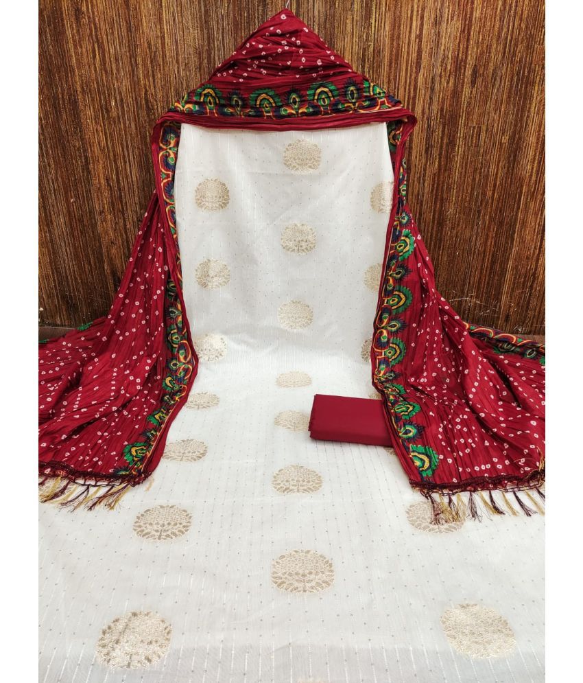     			ALSHOP Unstitched Jacquard Embellished Dress Material - White,Red ( Pack of 1 )