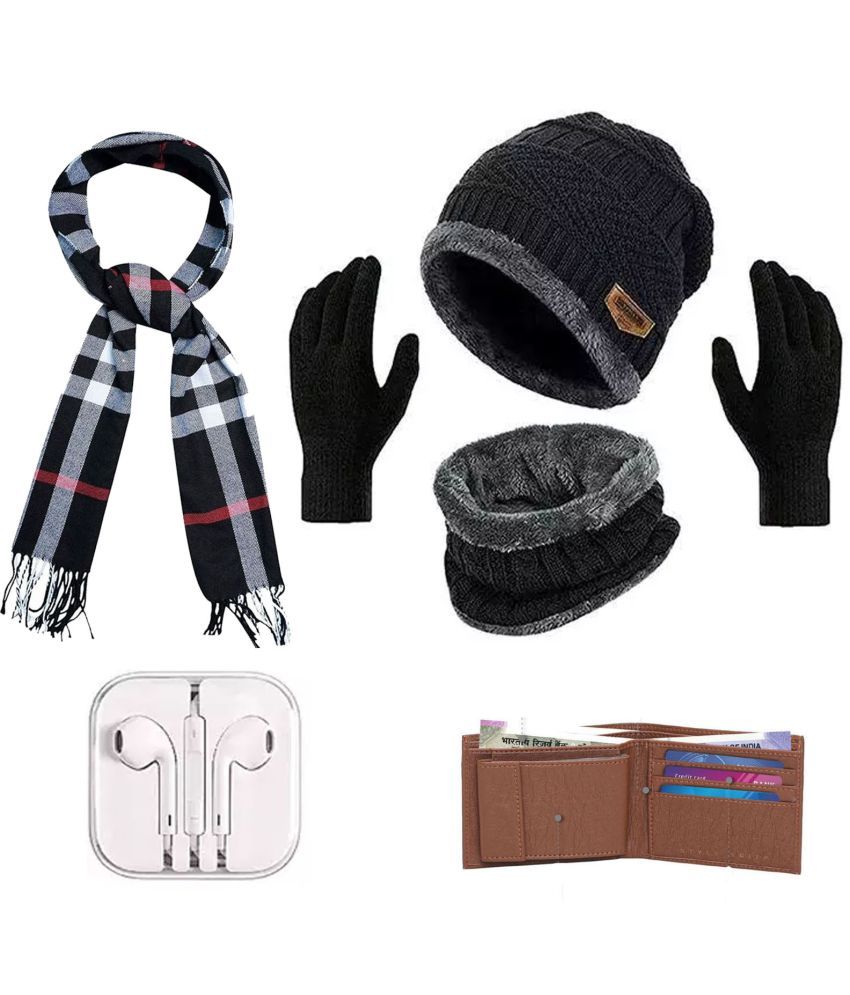     			Hills Boro Black Woolen Men's Cap, Gloves & Muffler Accessories Combo With PU Brown Wallet & Earphones