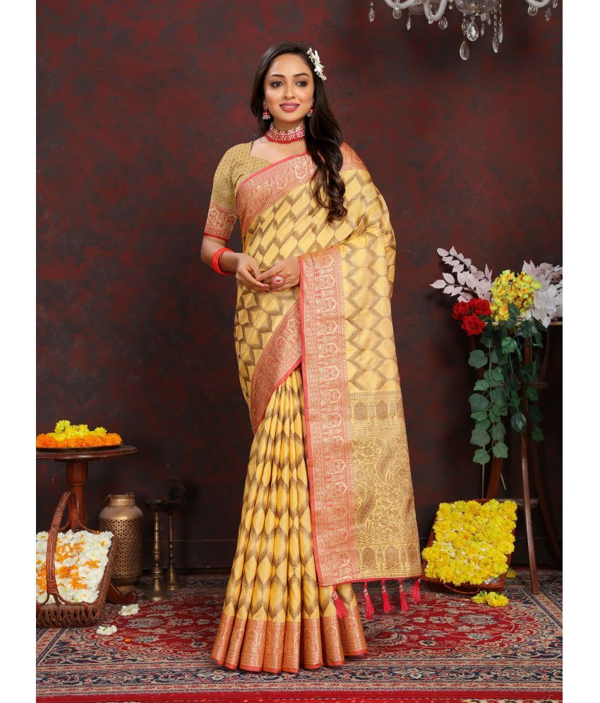     			OFLINE SELCTION Silk Blend Woven Saree With Blouse Piece - Yellow ( Pack of 1 )