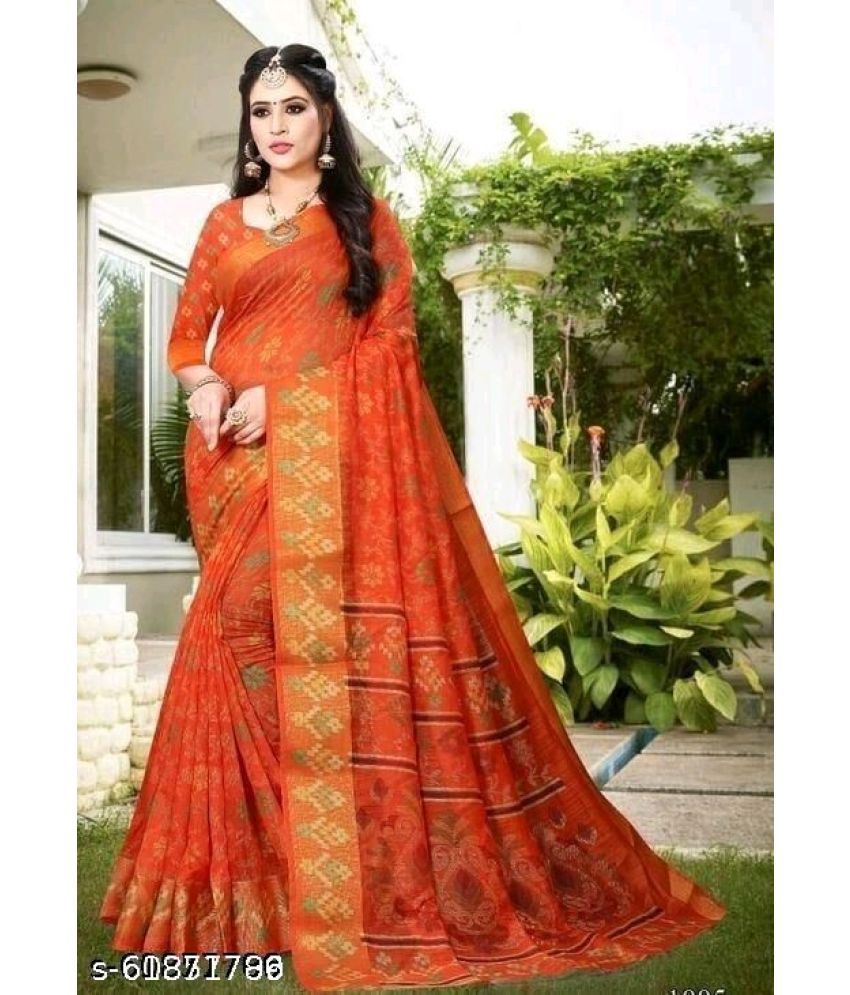     			Saadhvi Cotton Silk Applique Saree Without Blouse Piece - Orange ( Pack of 1 )