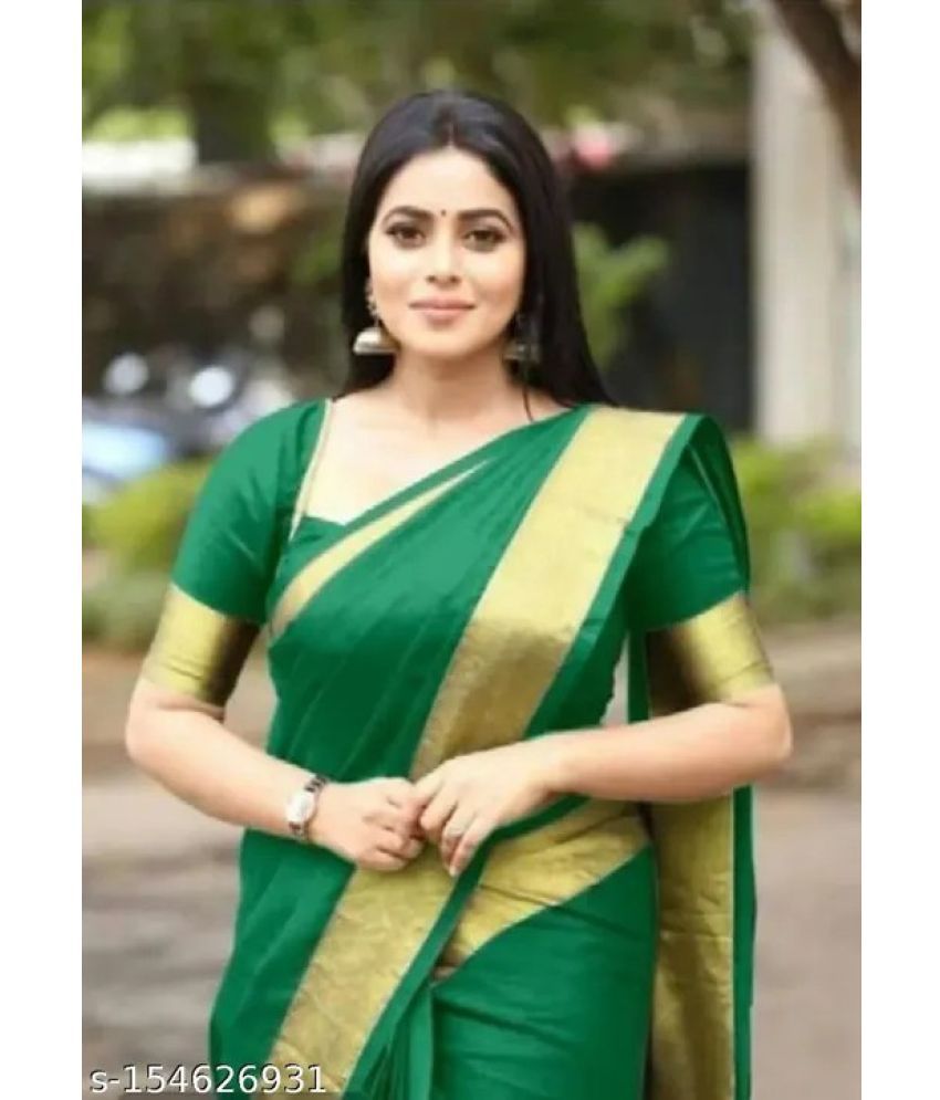     			Saadhvi Cotton Silk Solid Saree Without Blouse Piece - Green ( Pack of 1 )