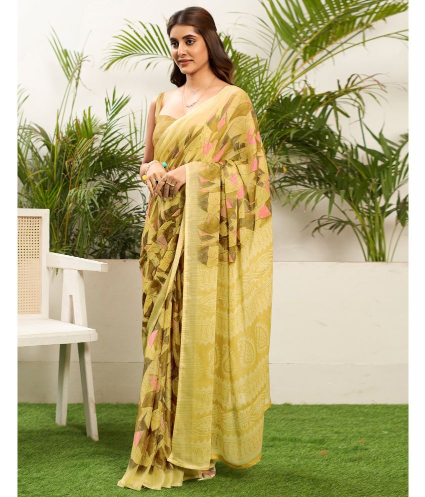     			Samah Chiffon Printed Saree With Blouse Piece - Yellow ( Pack of 1 )