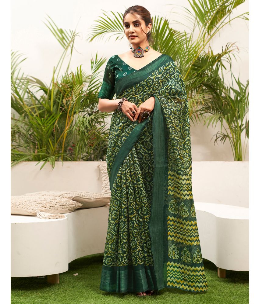     			Samah Cotton Blend Printed Saree With Blouse Piece - Green ( Pack of 1 )