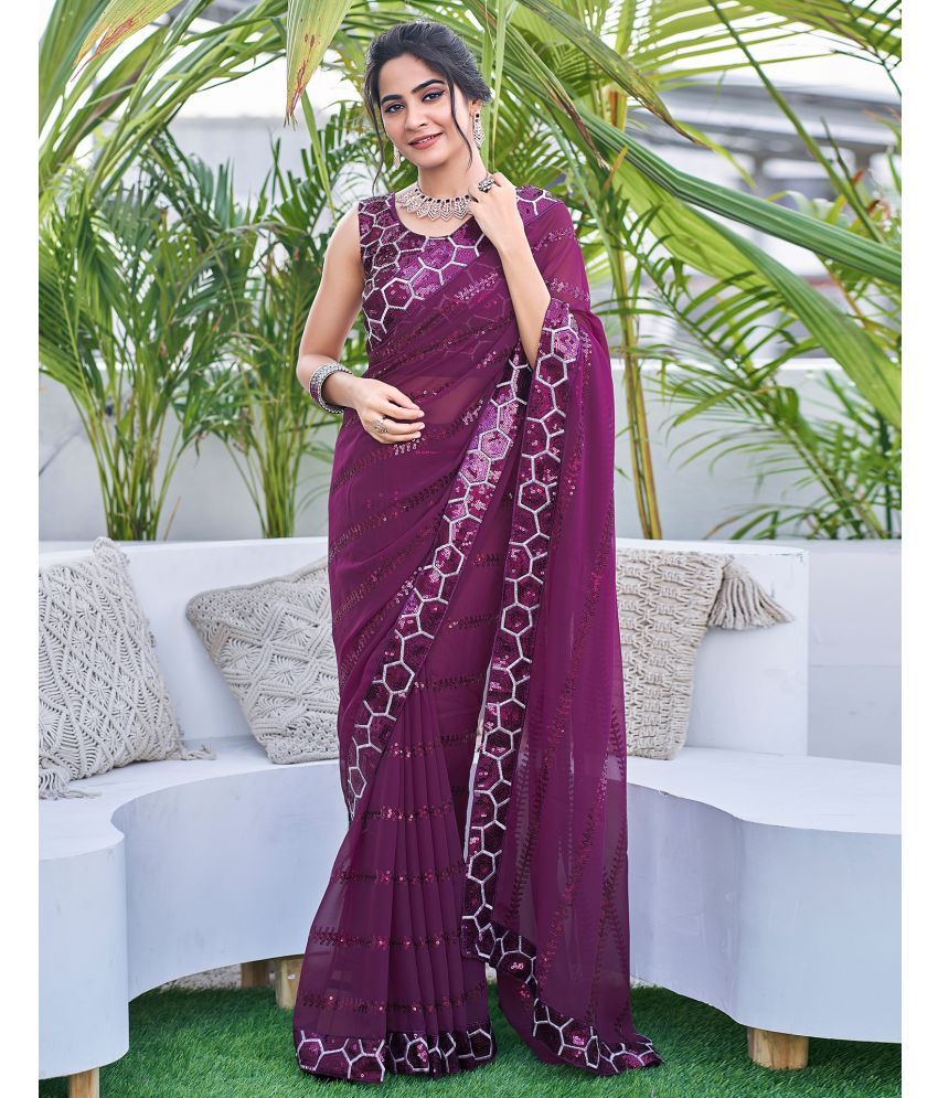     			Samah Georgette Embellished Saree With Blouse Piece - Purple ( Pack of 1 )