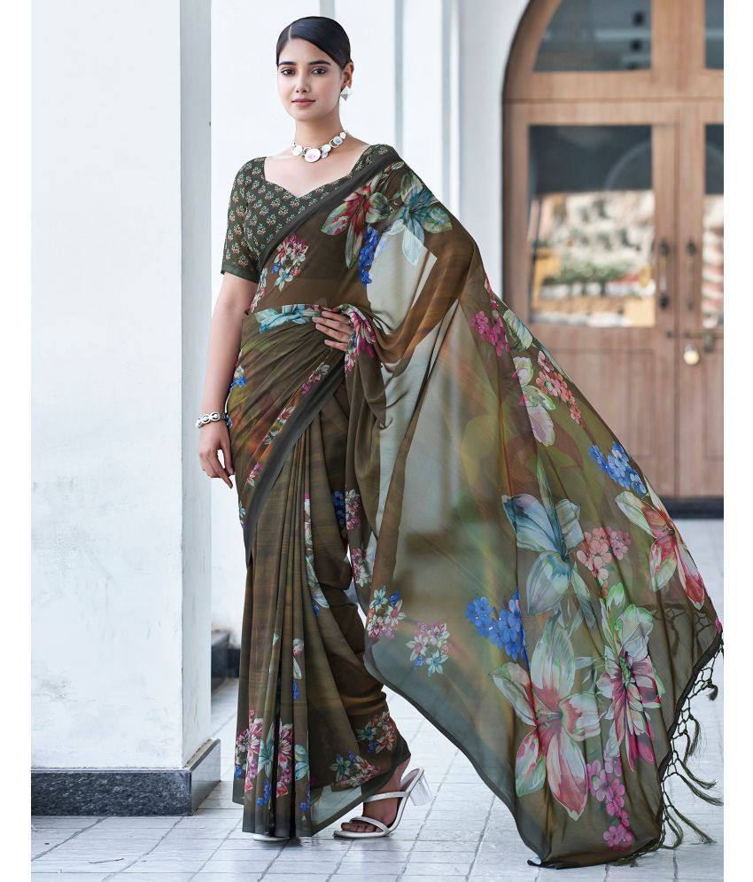     			Samah Georgette Printed Saree With Blouse Piece - Olive ( Pack of 1 )