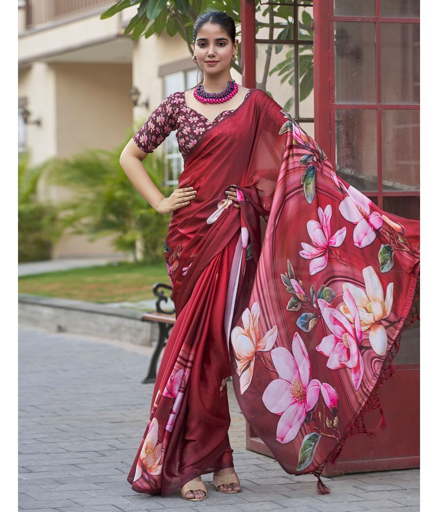     			Samah Satin Printed Saree With Blouse Piece - Maroon ( Pack of 1 )