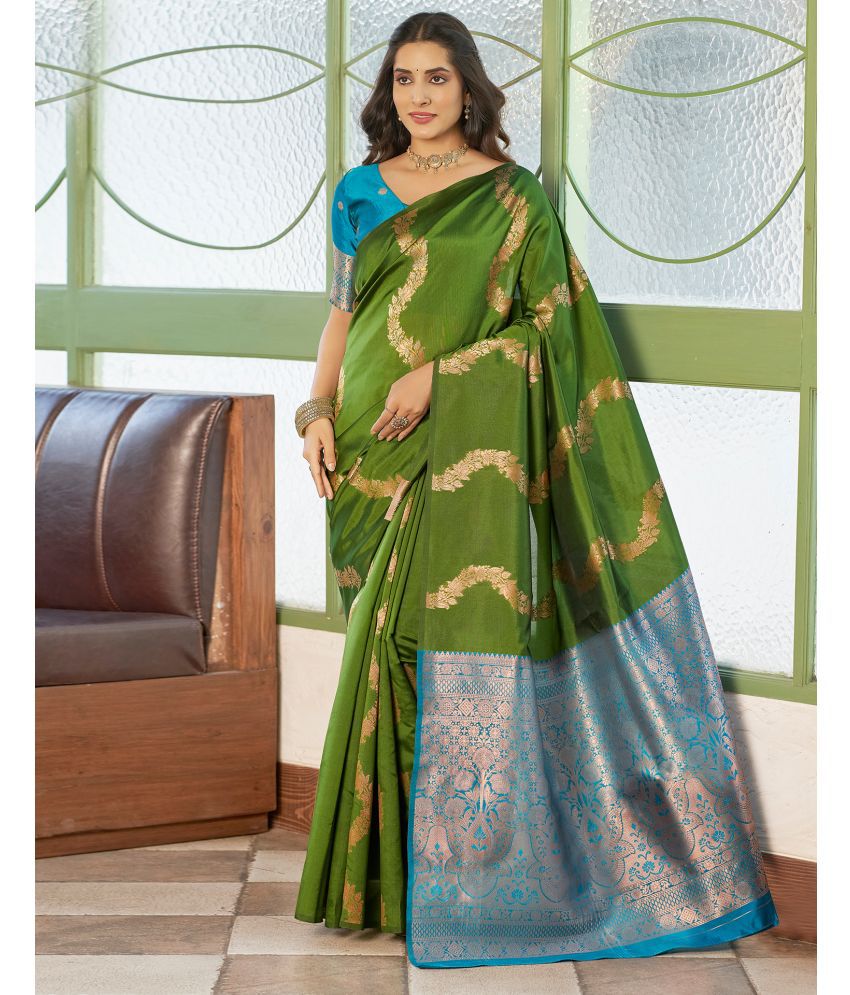     			Samah Silk Blend Woven Saree With Blouse Piece - Olive ( Pack of 1 )