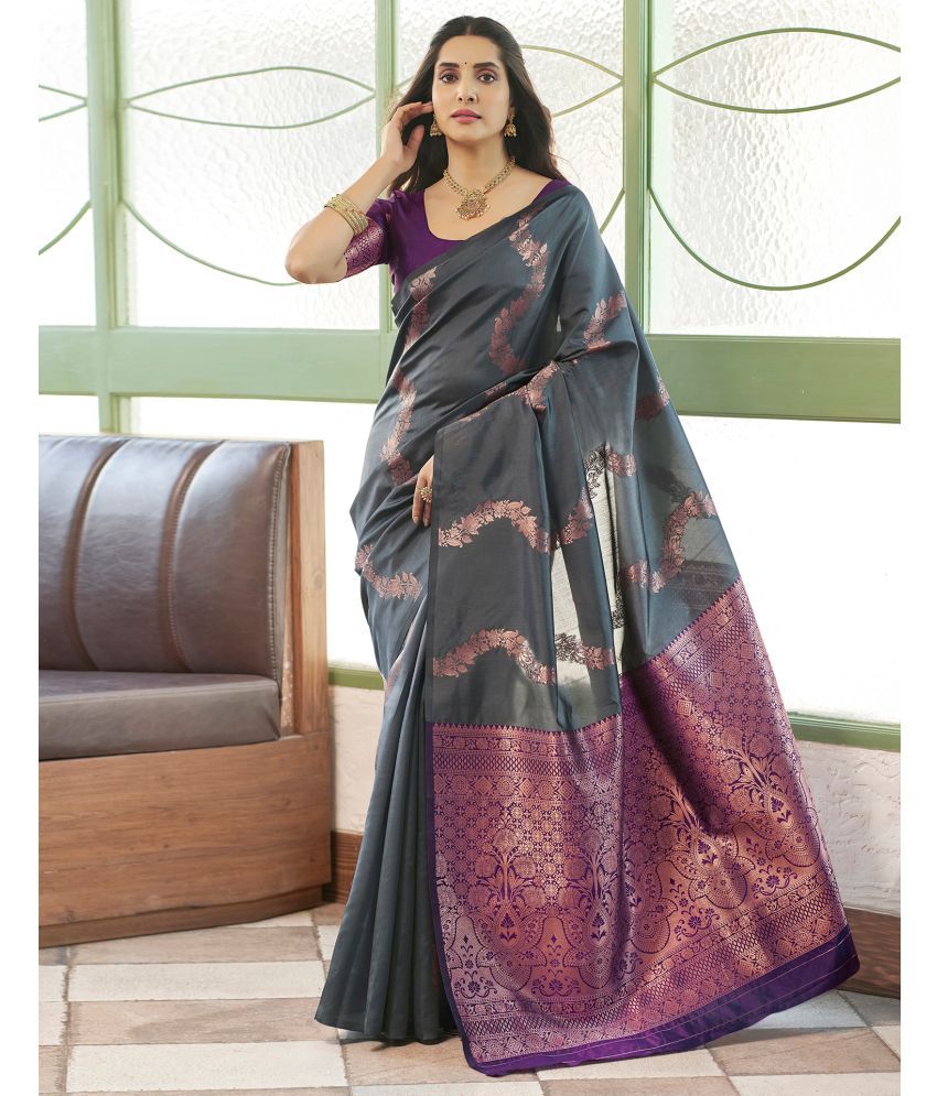     			Samah Silk Blend Woven Saree With Blouse Piece - Grey ( Pack of 1 )