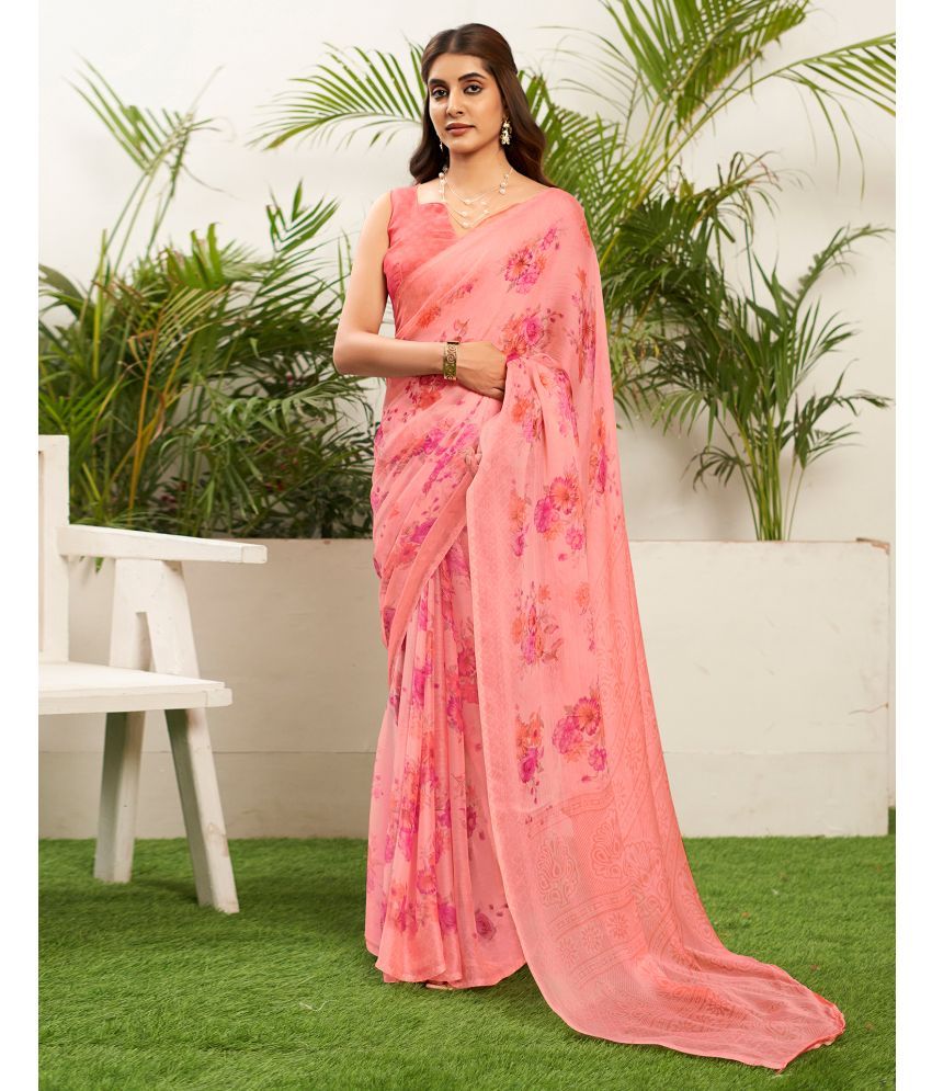     			Satrani Chiffon Printed Saree With Blouse Piece - Pink ( Pack of 1 )