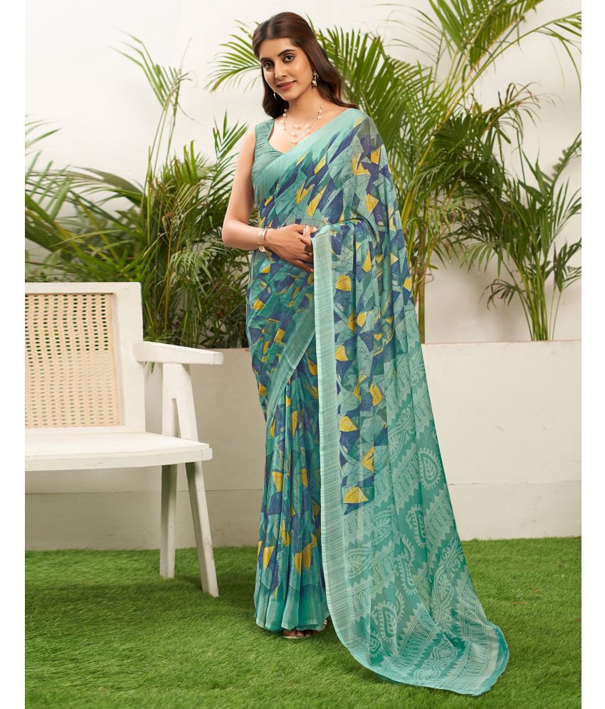     			Satrani Chiffon Printed Saree With Blouse Piece - Turquoise ( Pack of 1 )