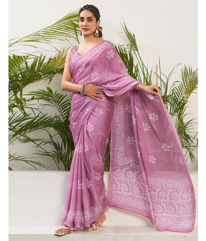    			Satrani Chiffon Printed Saree With Blouse Piece - Pink ( Pack of 1 )