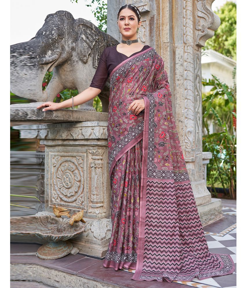     			Satrani Cotton Printed Saree With Blouse Piece - Mauve ( Pack of 1 )