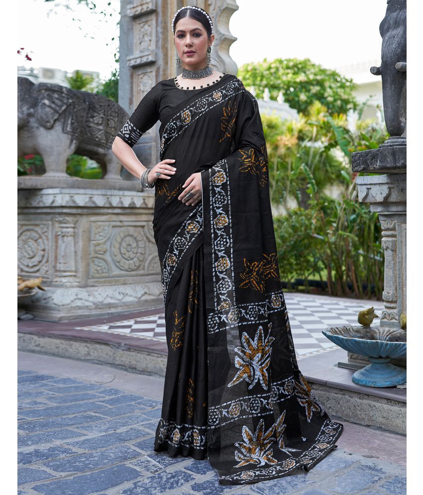     			Satrani Cotton Printed Saree With Blouse Piece - Black ( Pack of 1 )