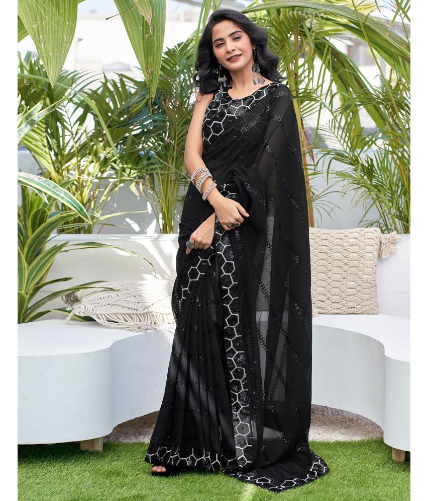     			Satrani Georgette Embellished Saree With Blouse Piece - Black ( Pack of 1 )