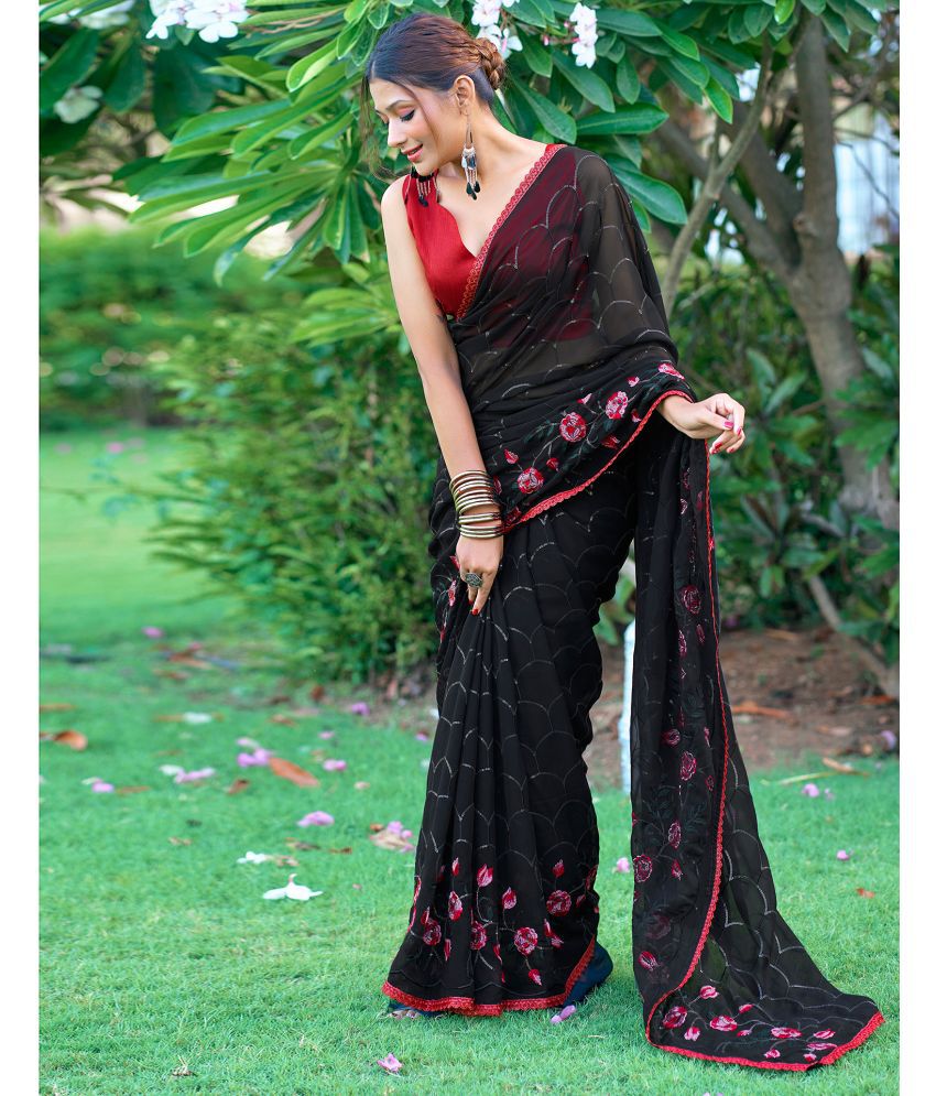     			Satrani Georgette Embroidered Saree With Blouse Piece - Black ( Pack of 1 )
