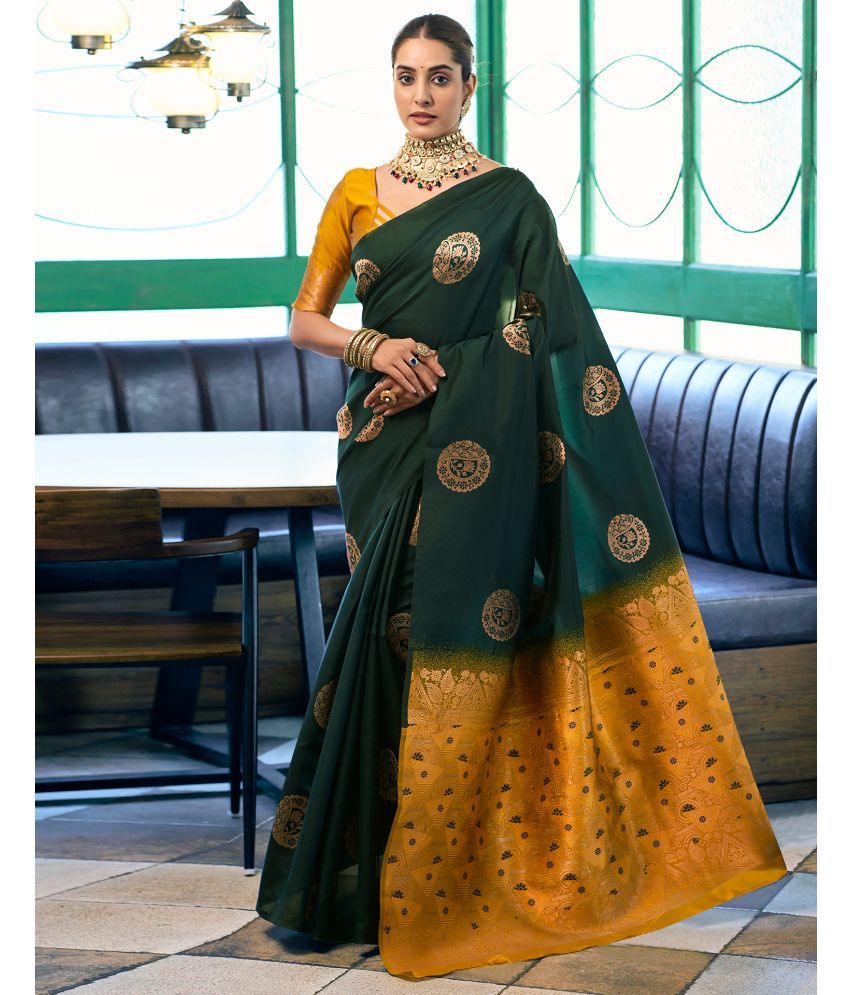     			Satrani Silk Blend Woven Saree With Blouse Piece - Green ( Pack of 1 )