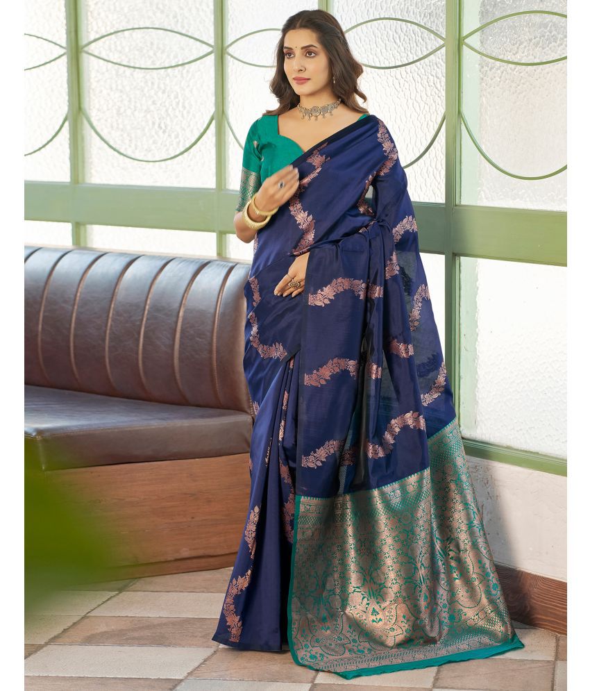     			Satrani Silk Blend Woven Saree With Blouse Piece - Navy Blue ( Pack of 1 )