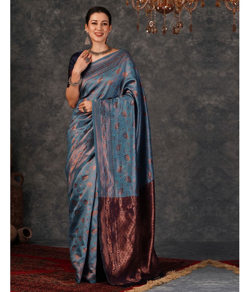     			Satrani Silk Woven Saree With Blouse Piece - Blue ( Pack of 1 )